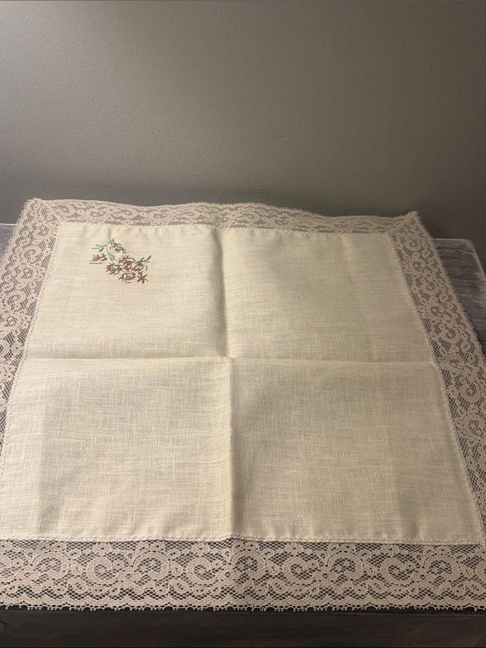 Vintage Embroidered Linen and Lace Table topper